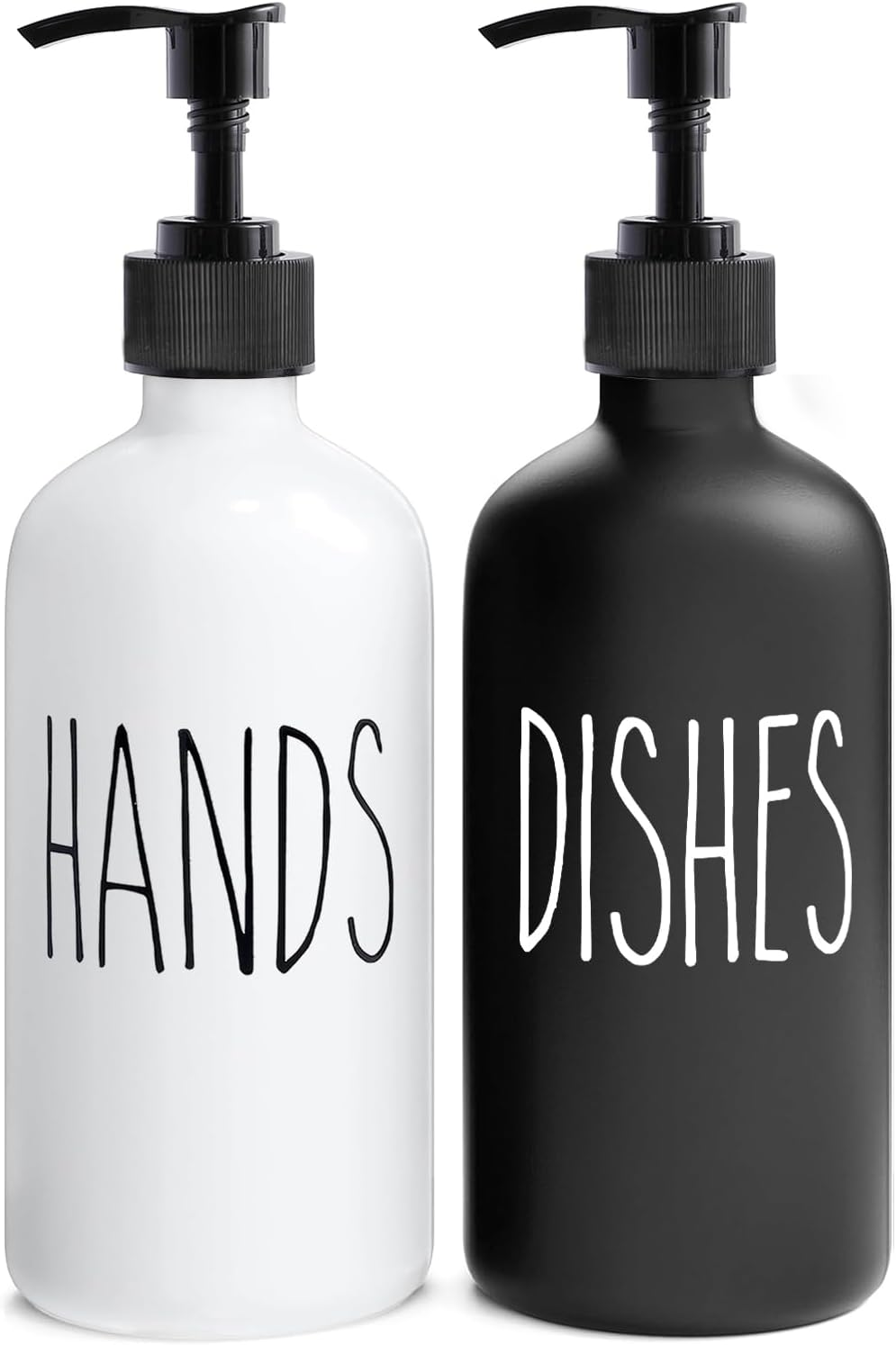 MOMEEMO Soap Dispenser Set 2 Pack, Contains Dish Soap Dispenser and Hand Soap Dispenser. 16 Oz Glass Soap Dispenser with Black Plastic Pumps, Perfect for Black and White Kitchen Decor. (Black & White)