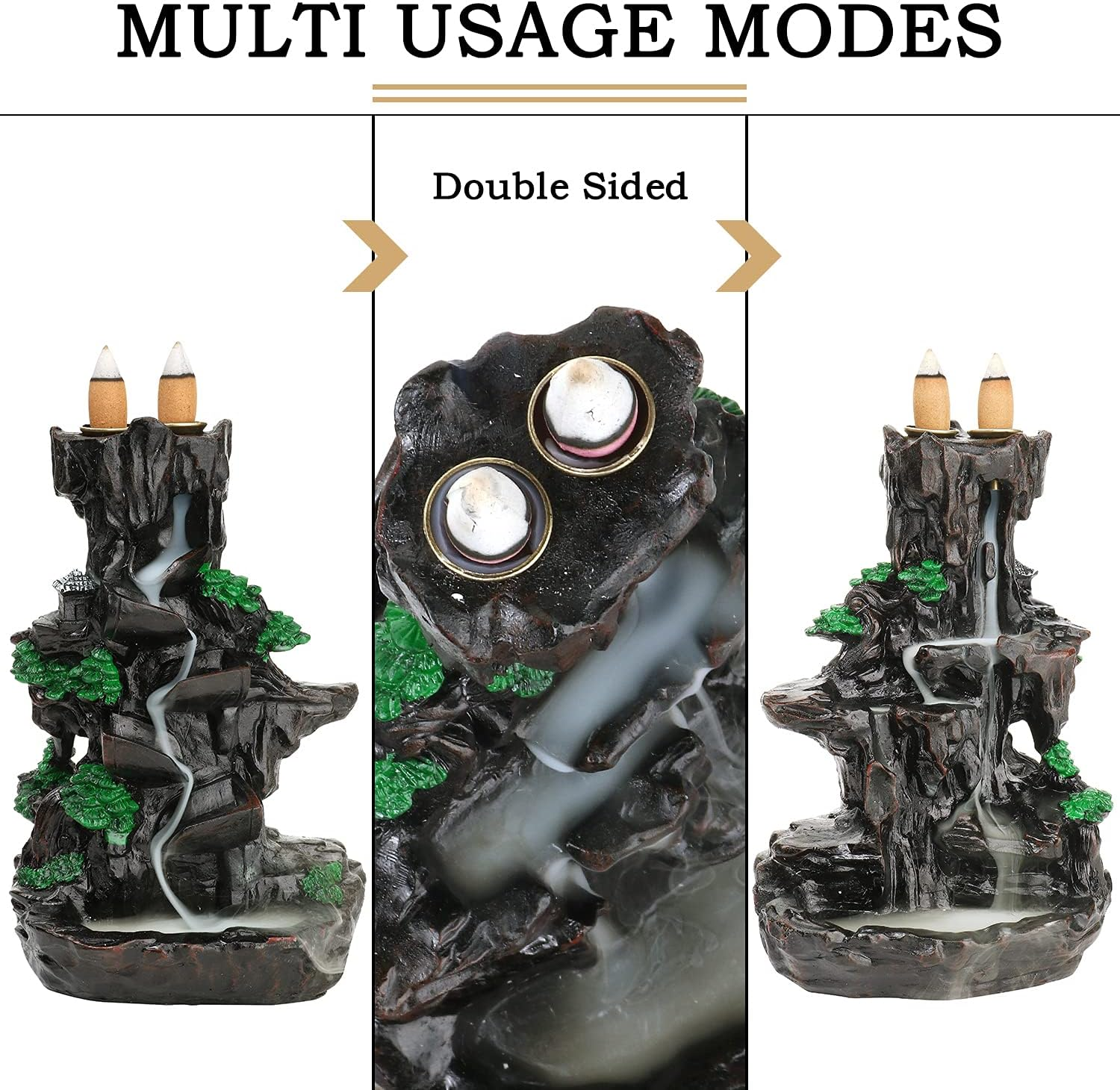 XUDREZ Mountain Backflow Incense Holder Resin Waterfall Incense Burner Incense Cones Holder Home Decor Gifts with 120Pcs Incense Cones image number 3