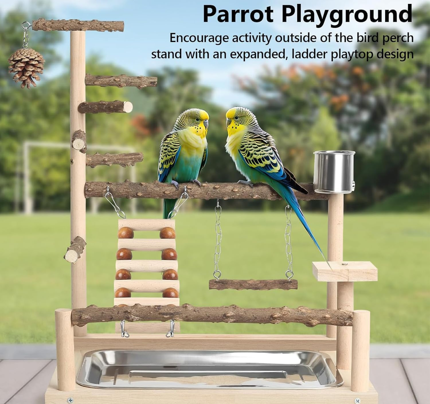 Wood Pet Parrot Playground Bird Play Stand Toys Avian Perch Avian Cage Accessory with Feeder Cups for Cockatiel Parakeet