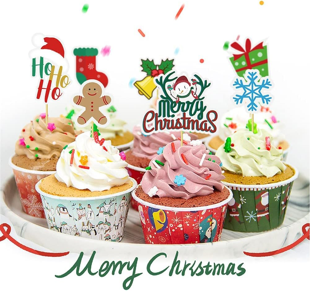 Christmas Cake Toppers - Merry Christmas Tree, Snowman, Santa, Snowflake, Cupcake Toppers & Food Inserts - 15 Pcs image number 1