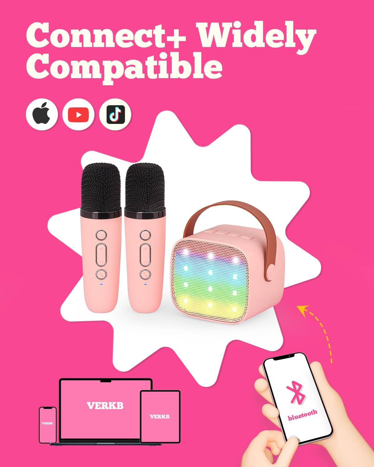 Kids Karaoke Machine, Kids Toys Girls Birthday Gift, Mini Portable Bluetooth Speaker with 2 Wireless Microphone for Girl 5,6,7,8,10+Year Old(Pink) - Pink image number 4