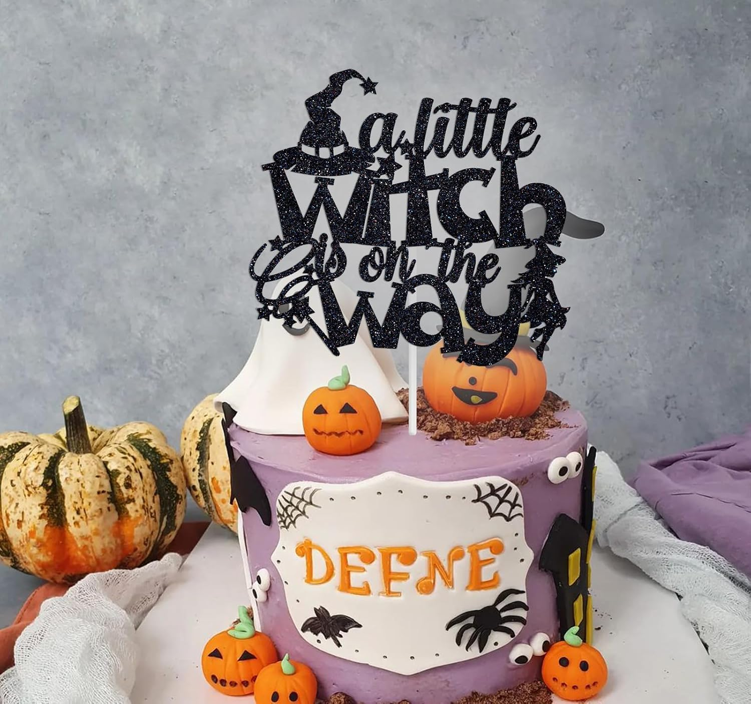 A Little Witch Is on the Way Cake Topper, a Little Boo Is Almost Due Cake D&eacute;cor, Halloween Baby Shower/Gender Reveal/First Birthday Party Decorations Supplies, Black Glitter image number 6