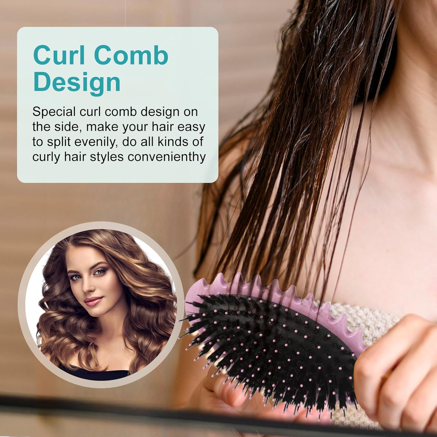 Boperzi Curly Hair Brush, Curl Brush, Boar Bristle Hair Brush Styling Brush, 2024 New Curly Hair Brush for Detangling for Combing Men and Women (Pink) - Pink image number 3