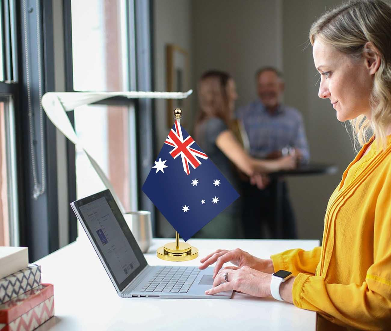 Australia Desk Flag,12 Inch Tall Small Australian Indoor Banner,Tiny Printing Decor for Office Home Table Meeting with Golden Metal Pole Base