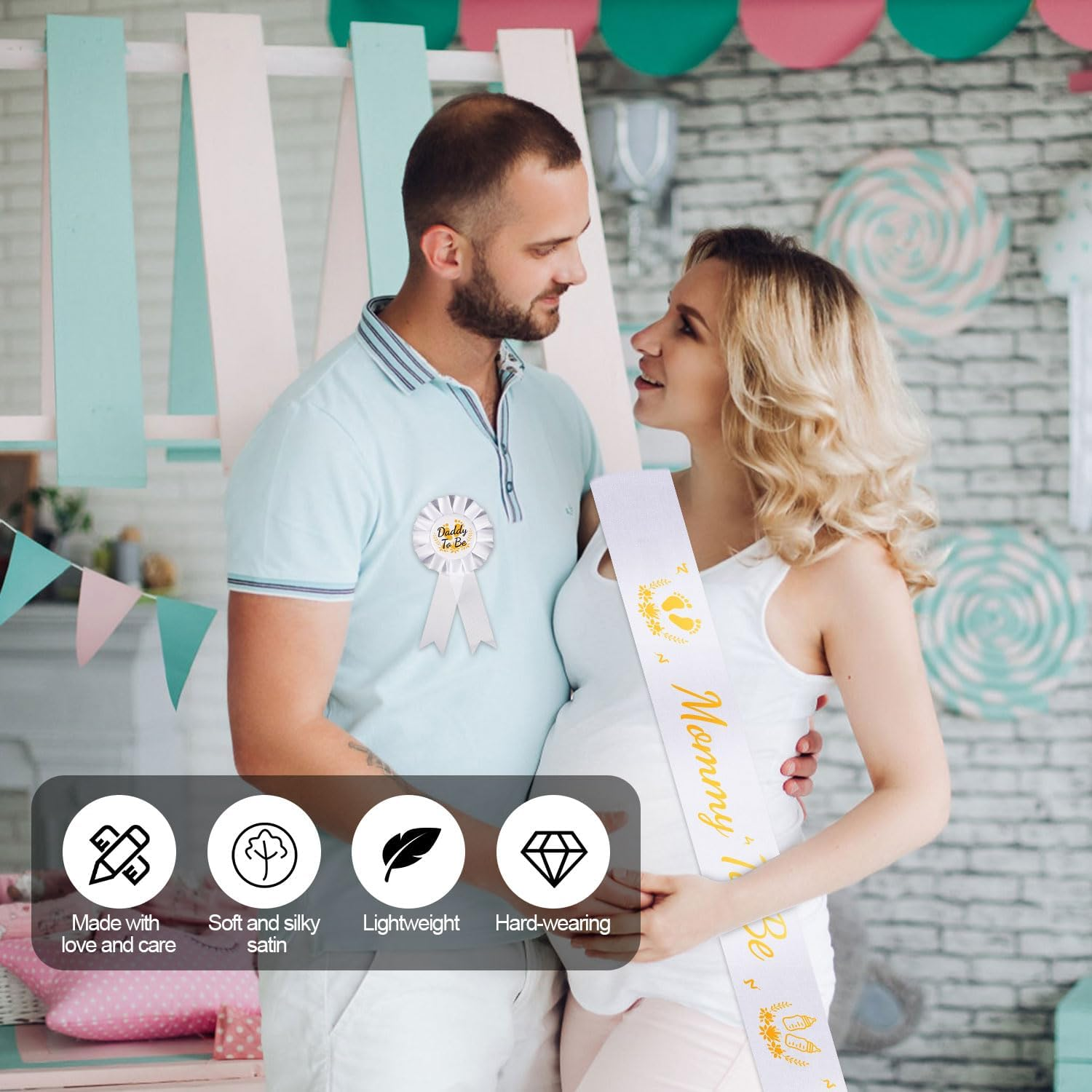 Mommy to Be Sash, with Daddy to Be Badge Gold & White Mom to Be Sash Set Pregnancy Sash Gender Reveals Gift Baby Shower Decorations for Boys Girls image number 1