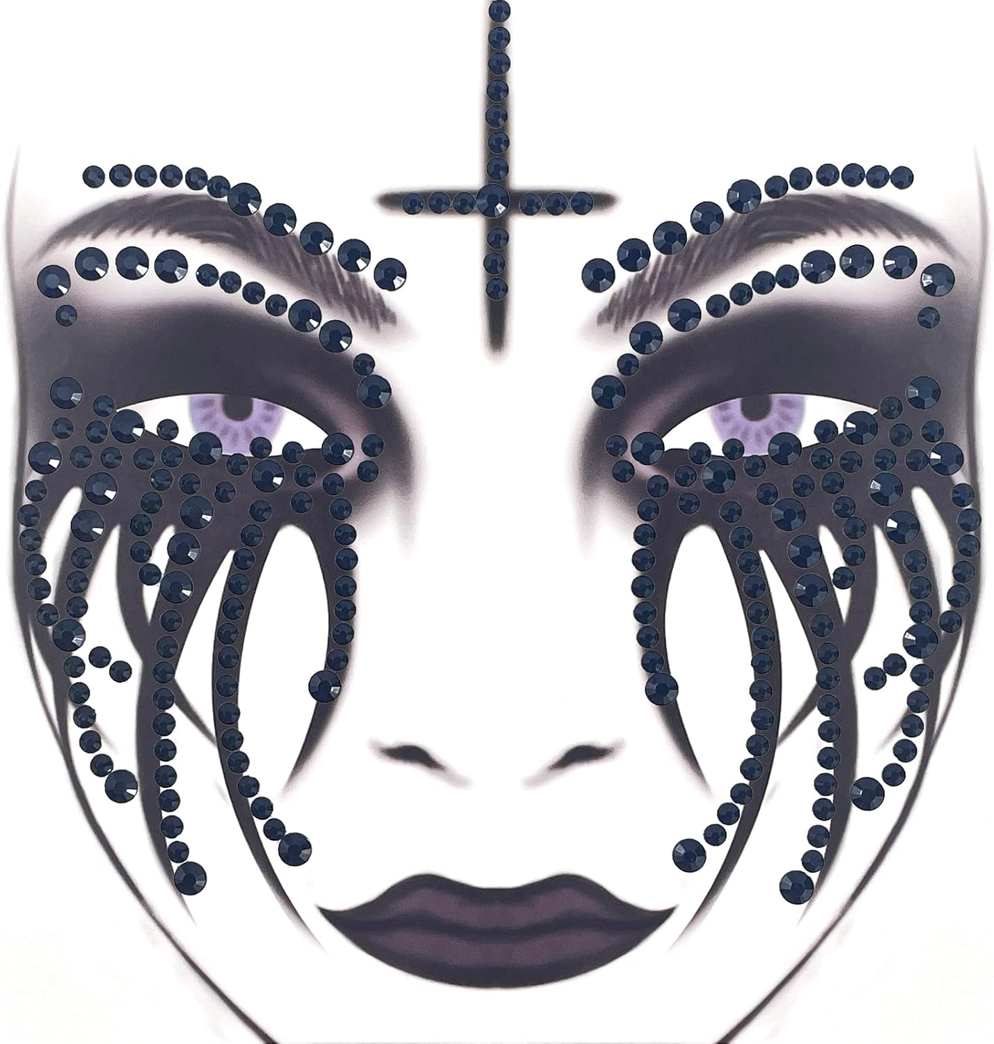 2 Pack Halloween Face Gems Jewels Clown Face Sticker Nun Makeup Tattoo Scary Temporary Rhinestone Face Tattoo for Halloween Festival Rave Party Make up Accessories image number 3