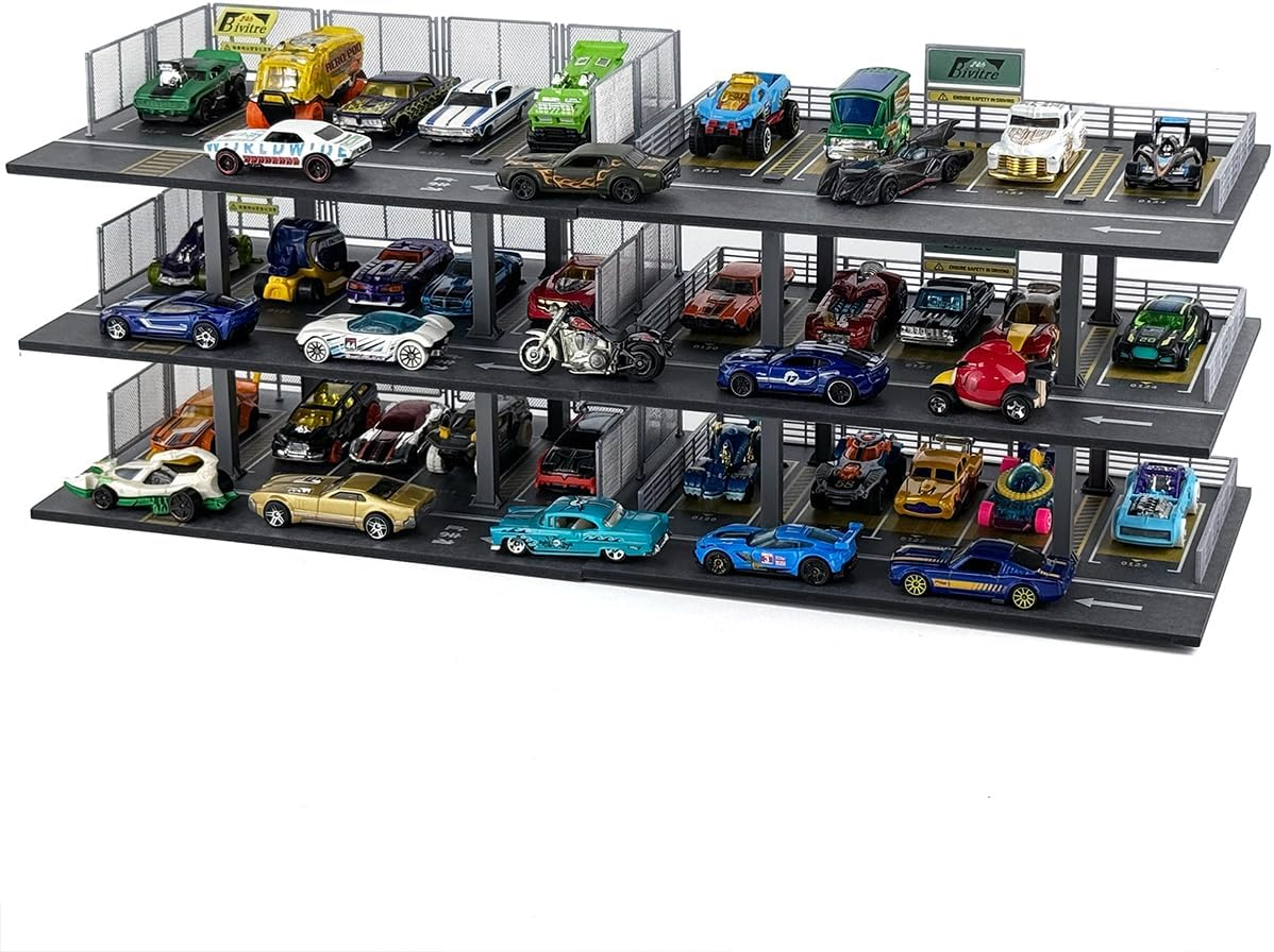 Hot Diecast Wheels Display Case - 1/64 Scale Die-Cast Model Car Organizer, Hot Diecast Wheels Parking Garage Dioramas with 15 Parking Spaces(Mesh Railing) image number 2