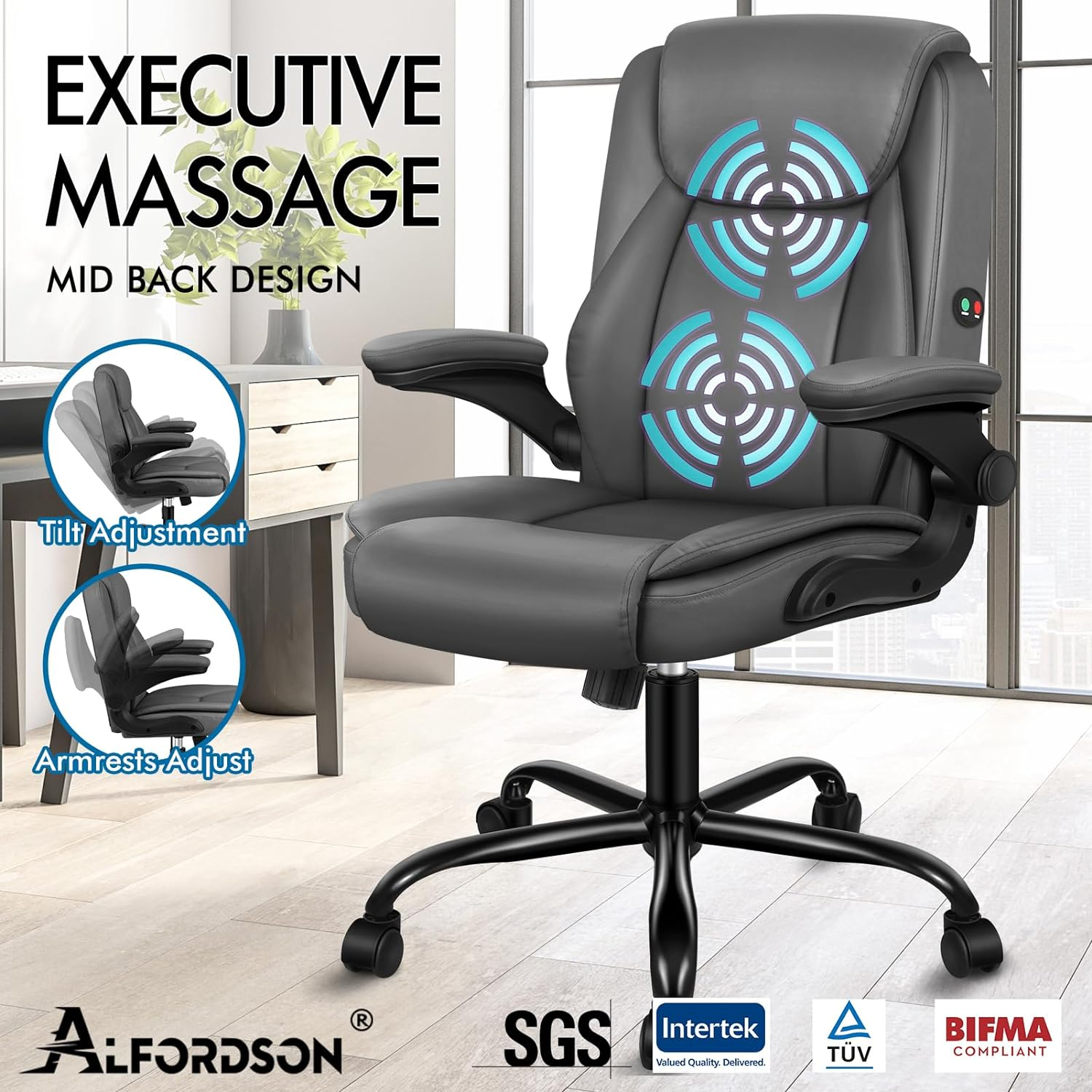 ALFORDSON Ergonomic Massage Office Chair Mid Back with Adjustable Armrest, Gaming Chair for Computer Task Desk, Study Chair with SGS Listed Gas-Lift, 150Kg Loading, Grey image number 2