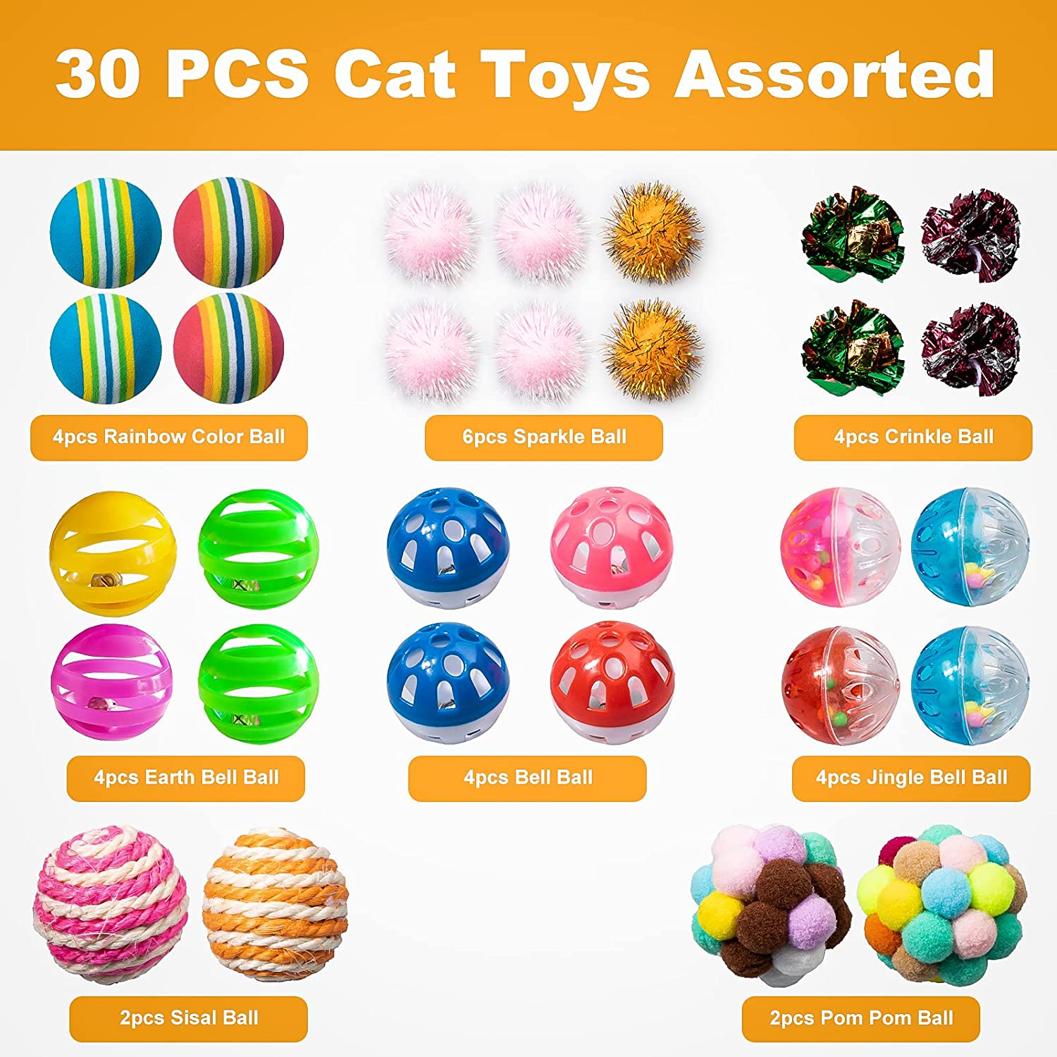 VAPKER 30Pcs Cat Ball Toys Kitten Chew Toys Balls with Bell, Rainbow, Sparkle, Crinkle, Sisal, Pom Pom for Indoor Cats image number 5