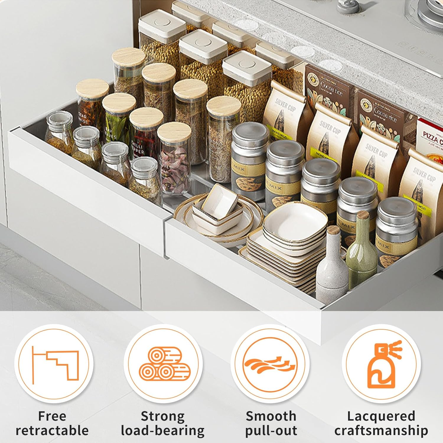 2 Pack Pull Out Cabinet Organizer, Expandable (12.6-20.5In) Cabinet Roll Out Drawers，Upgraded No-Drill Chest of Pull Out Drawers for Cabinets with 3 Adjustable Slides (White, 16.5 in Deep)