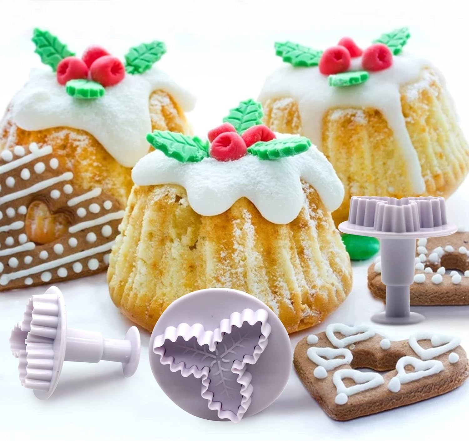 Christmas Cake Decorating Tools, 9Pcs Christmas Plunger Cookie Cutters Snowflake Cake Plunger Cutter, Christmas Holly Leaves Cookie Cutter Snowflake Cake Decorating Tools for Baking,Cake Decorations image number 3