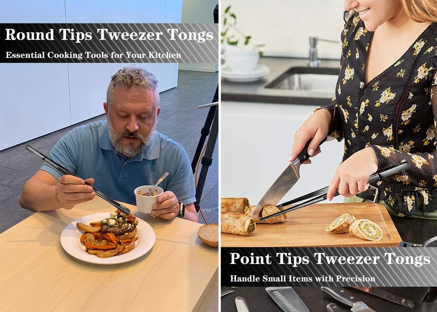 JETKONG 4 Pcs Kitchen Tweezers Professional Stainless Steel Cooking Tweezers Set, Black Kitchen Food Tweezer Tongs for Cooking, Repairing, and BBQ (10+12-Inch, Black) image number 3