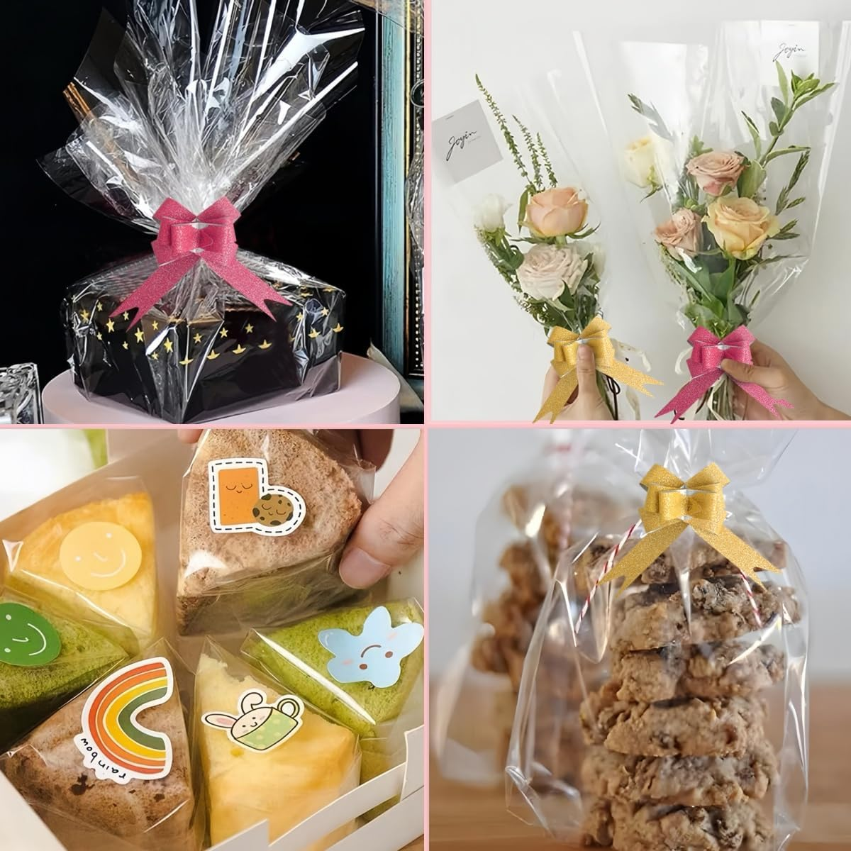 ZCOINS Clear Cellophane Wrap Rolls 40Cm X 30M (1.3Ft X 98.5Ft) and Shiny Pull Bows Packaging Sets, 2.5 Mil Transparent Crystal Clear Cellophane Wrapping Paper for Hampers, Gifts, Toys, Arts & Crafts, Florist Flowers, Treats Wrapping image number 5