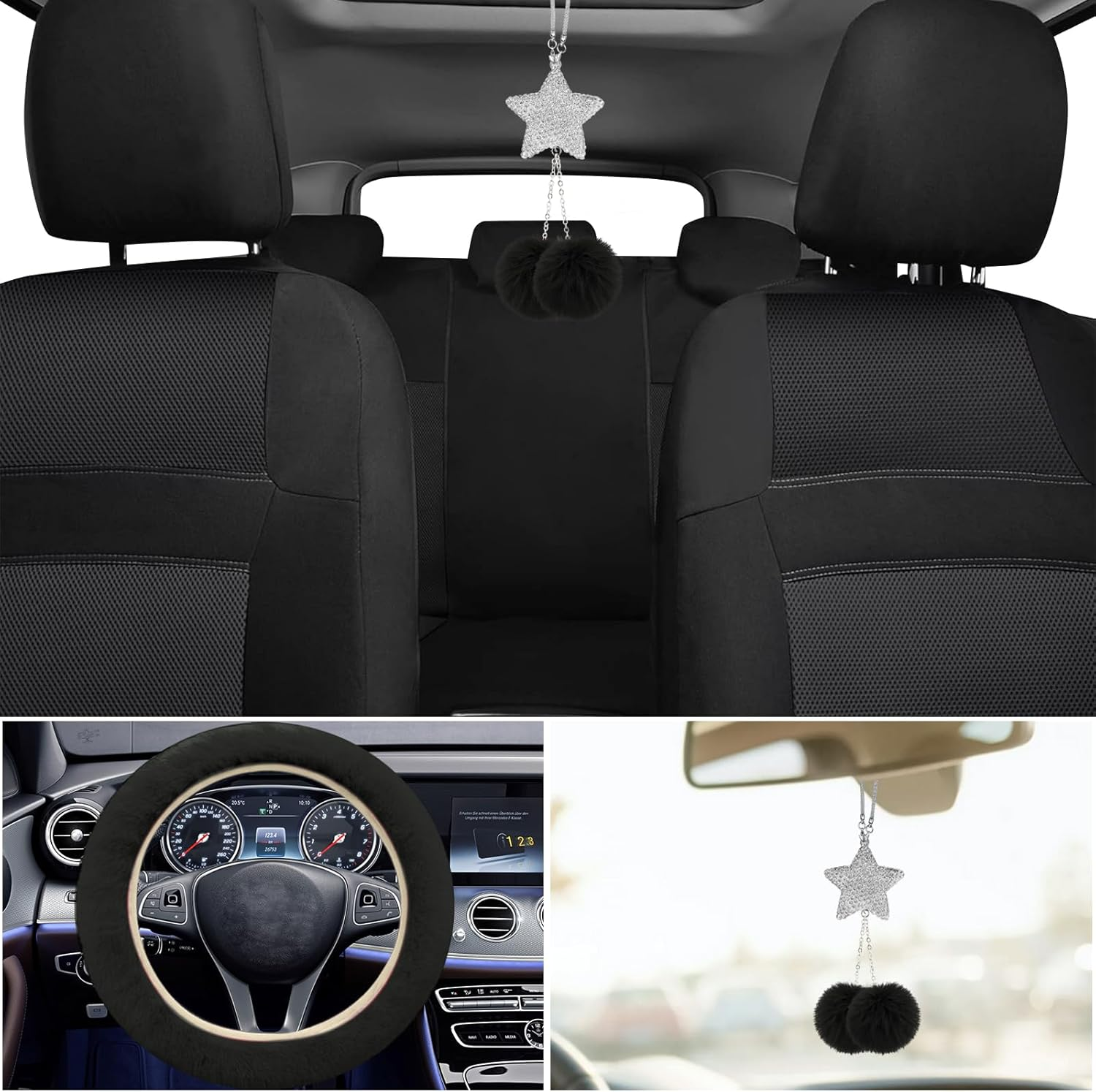 Car Seat Cover Full Set for Women with Waterproof Floor Mats,3D Air Mesh Car Seat Cover with 5Mm Composite Sponge Inside,Universal Fluffy Steering Wheel Cover, Accessories Full(Black) - Black image number 5