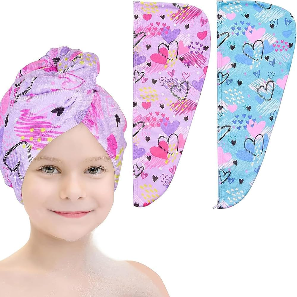 2 Pack Microfiber Hair Drying Towels Quick Dry Anti-Frizz Head Turban with Button Wet Hair Towel Wrap Turban for Long Thick & Curly Kids Girls Women,Super Absorbent Soft (Pink & Blue Love) image number 3
