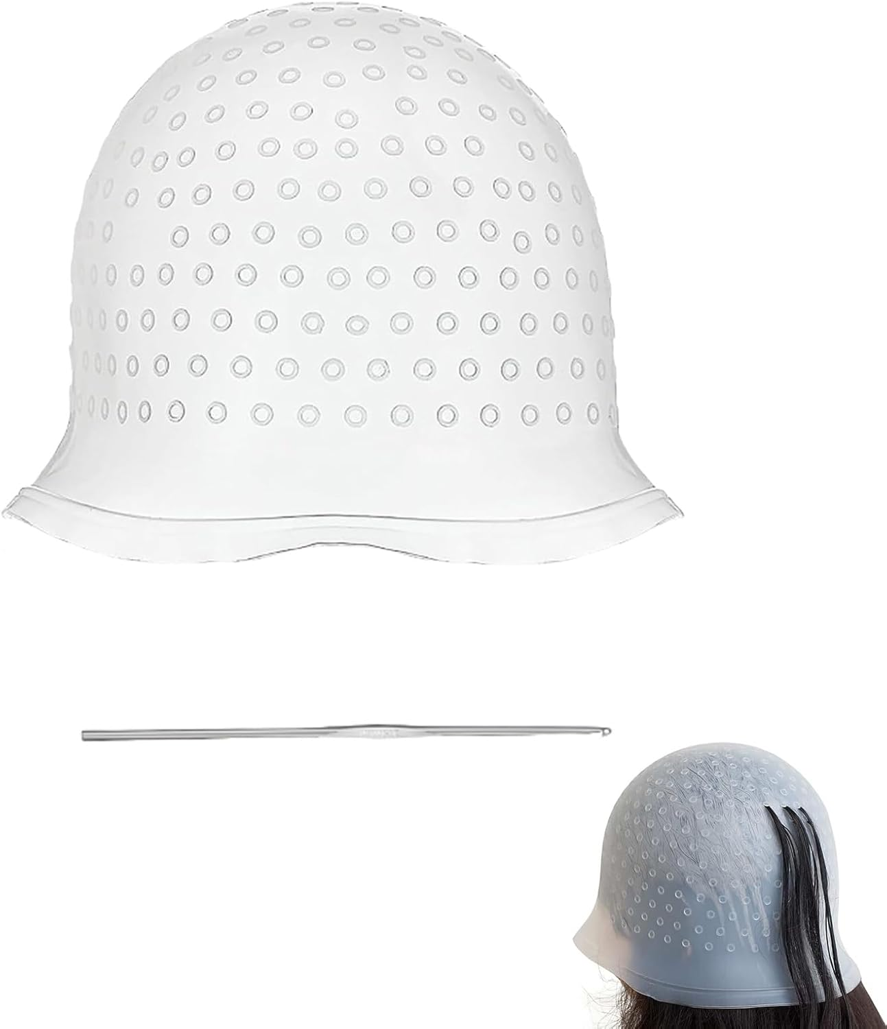 Silicone Hair Weft Cap, Hair Net Strands Hood with Holes, Reusable Hair Hairdresser Hair Colour, High Gloss Strands Set for Professional Salon and Home Hair Dyeing (White) image number 5