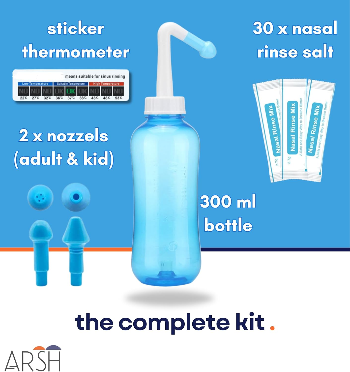 ARSH Nasal Wash Bottle 300 Ml, 30 Packets Nasal Wash Salt Thermometer, Neti Pot Sinus Rinse Bottle, Nasal Irrigator for Flu Allergies & Rhinitis, Nose Cleaner for Adults & Kids, Jal Neti image number 4