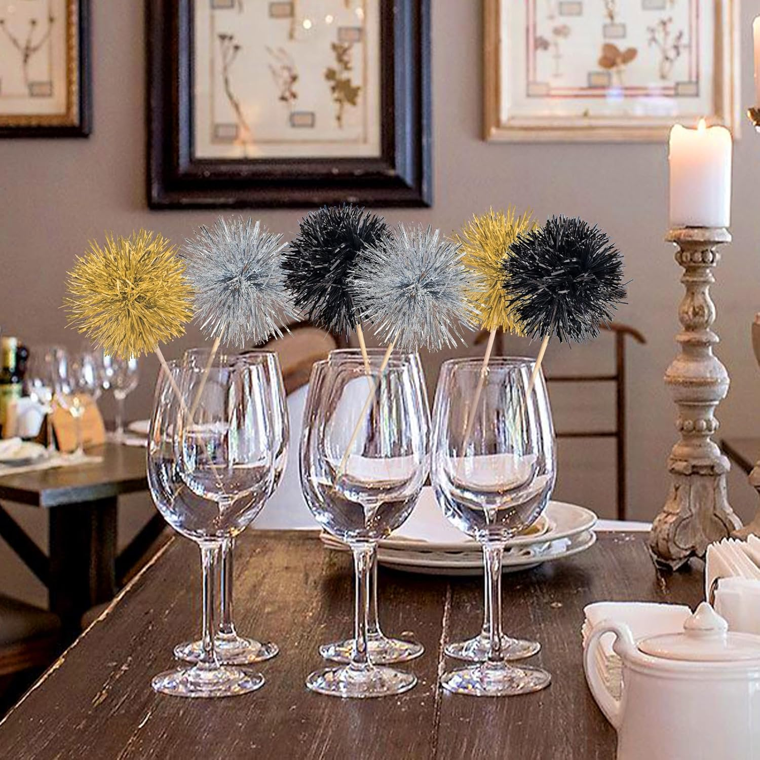 20 Pack Foil Firework Cupcake Toppers Party Birthday Cake Toppers Supplies Sparkle Tinsel Cocktail Fruit Toothpick for Birthday Wedding Graduation Party White+Pink