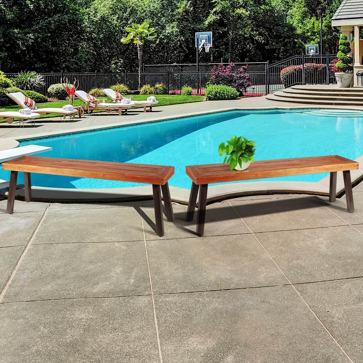 Costway Outdoor Acacia Wood Bench, Patio Dining Wood Bench with Rustic Steel Legs, Natural Bench Backless Dining Stool Seating for Garden Poolside Living Room Balcony, Red Brown (2) image number 1