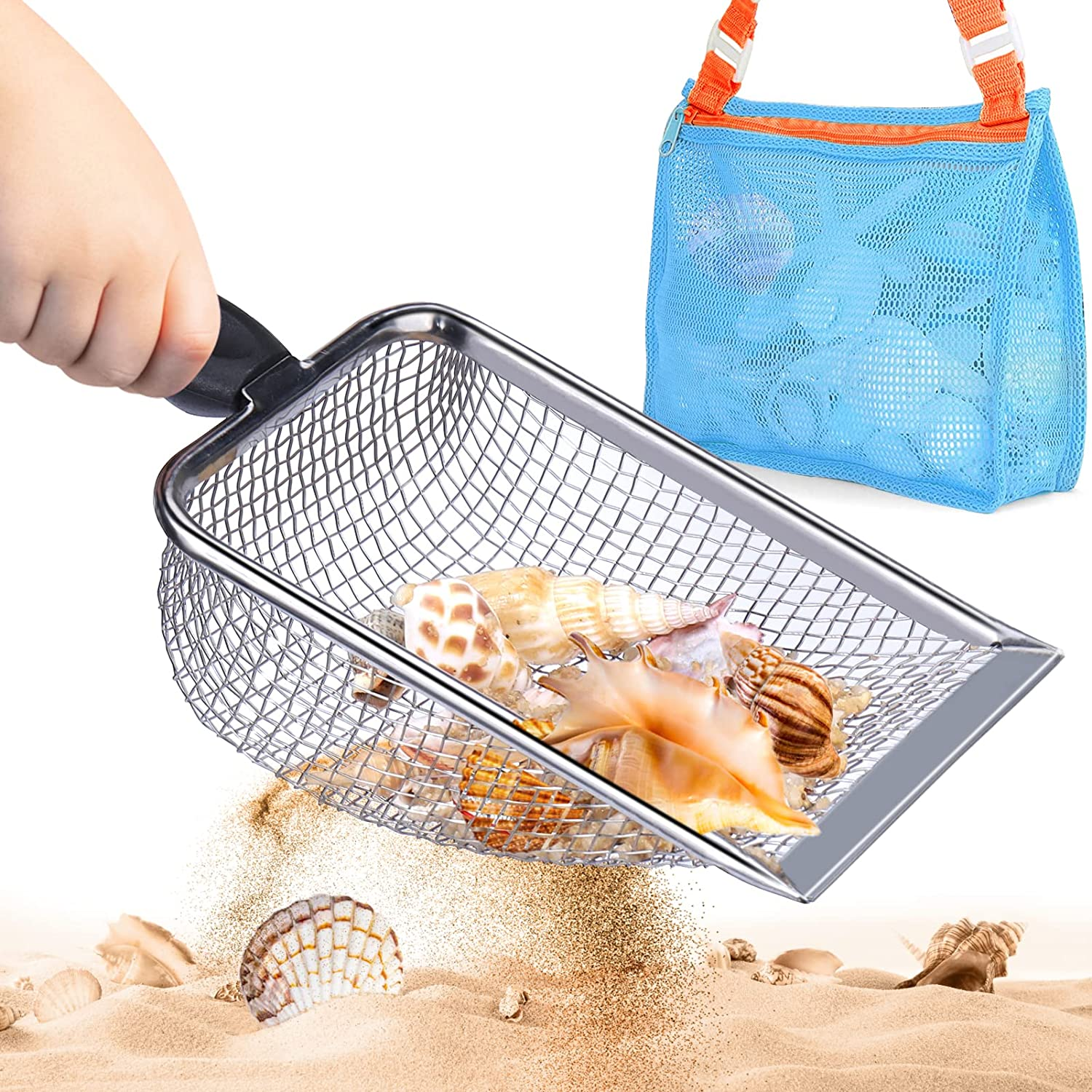 Beach Mesh Shovel with Mesh Beach Bag for Filter Sand, Kids Shell Collecting Scooper for Picking up Shells, Shark Tooth Sifter for Boys and Girls, Beach Toy image number 3