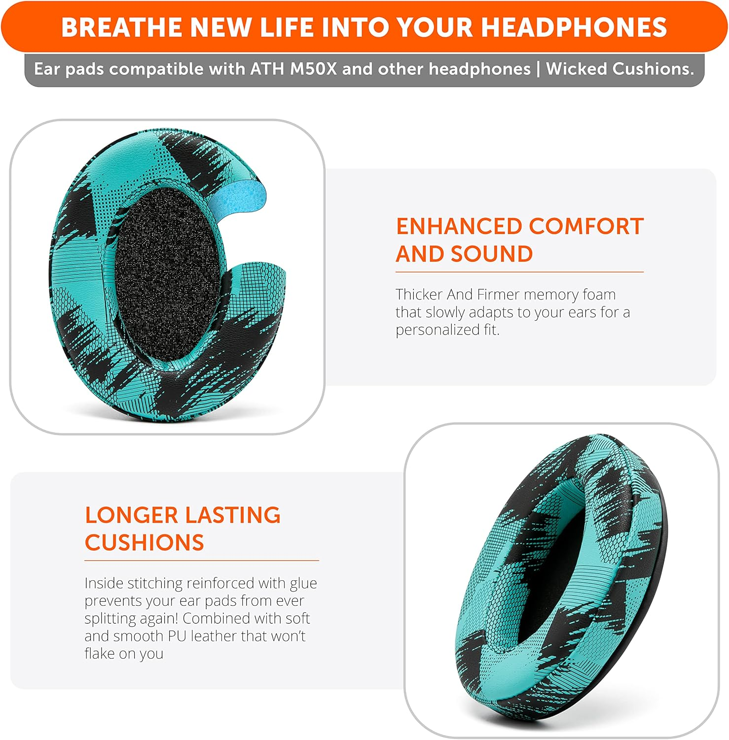 WC Padz - the Ultimate Upgraded Earpads by Wicked Cushions - Compatible with Audio Technica, Hyperx, Steelseries Arctis & More - Extra Thick - Bigger Opening - Softer Memory Foam | Speedracer Cyan image number 5