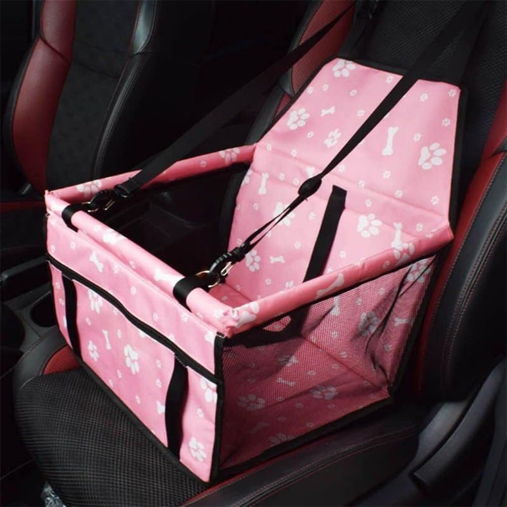 Pet Car Booster Seat, Oxford Breathable Dog Car Seat, Portable and Washable Travel Carrier Cage with Seat Belt for Dog, Cat or Other Small Pet, 40 * 37 * 22Cm, Pink