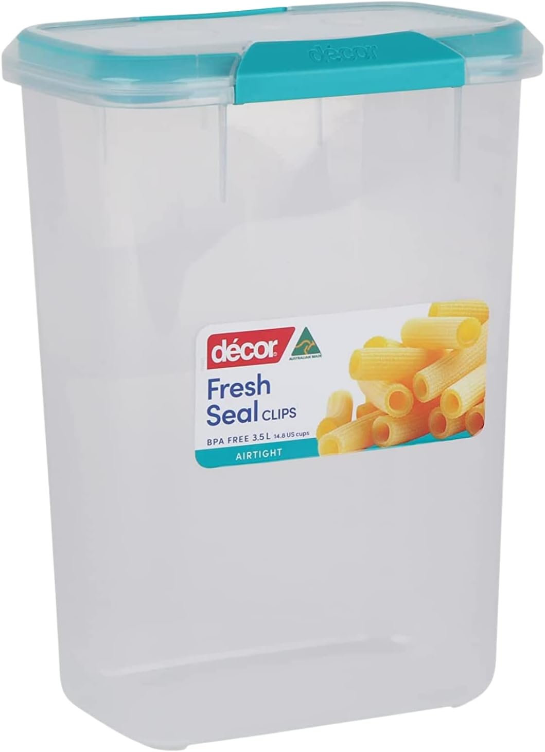 Decor Fresh Seal Clips Oblong Food Storage Container, Clear/Teal, 3.5 Litre Capacity