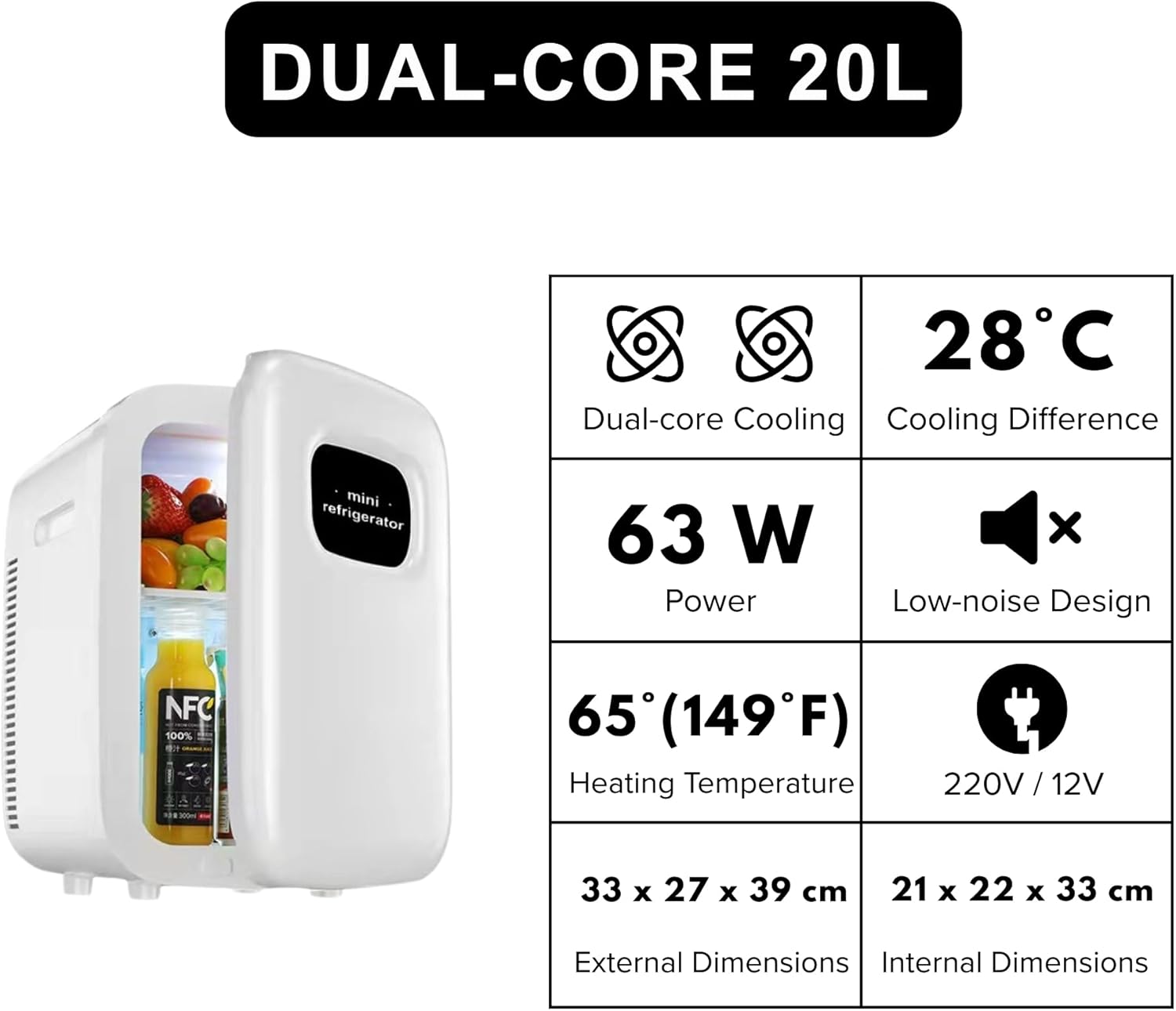 Mini Fridge 20L Portable Compact Car Refrigerator with 12V and AC Cords Skincare Cooling and Heating for Bedroom Office Dorm Travel Makeup Storage