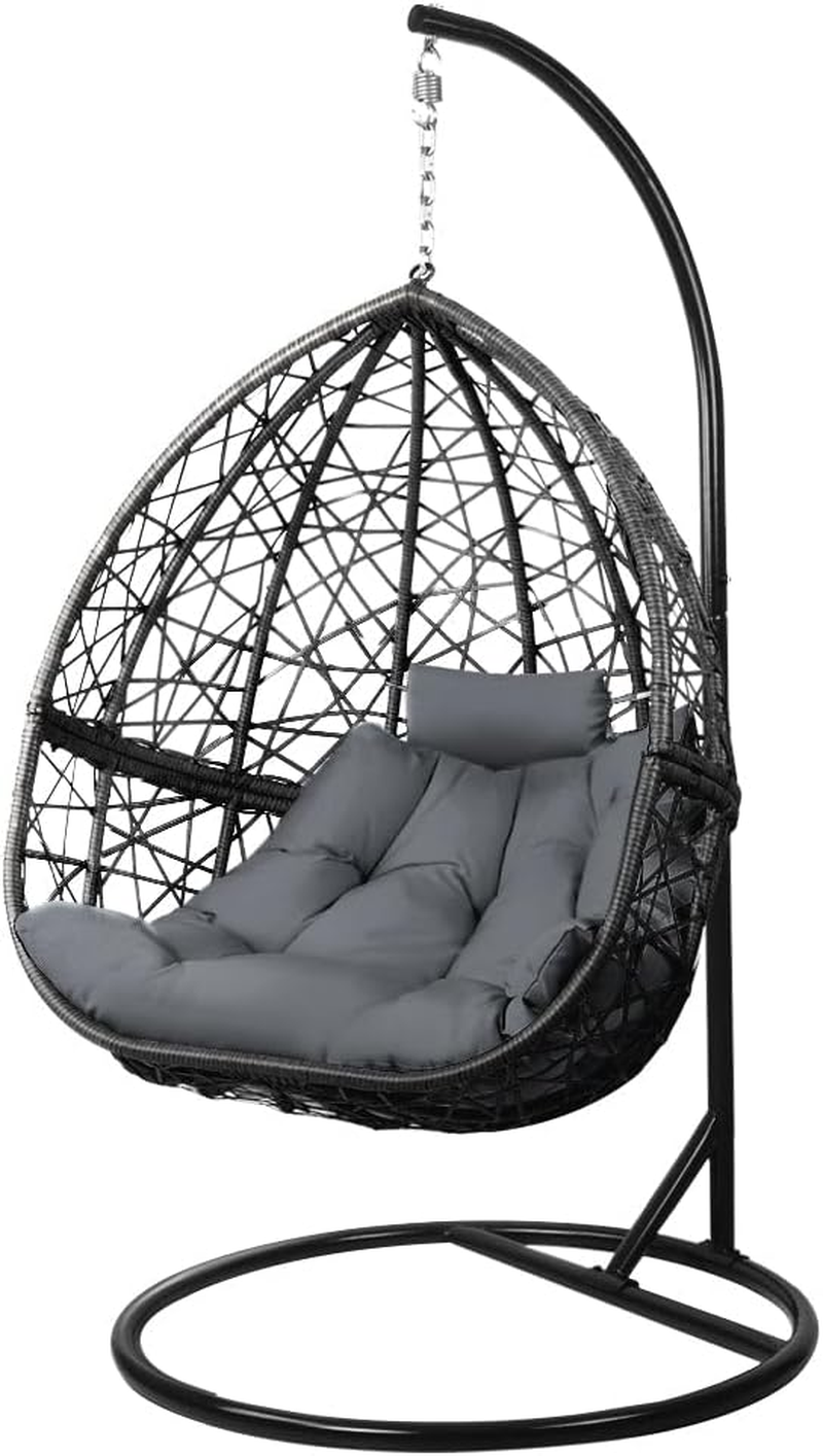 Gardeon Outdoor Egg Swing Chair Rattan Black Garden Bench Hanging Seat, Patio Baconly Furniture Chairs, with Cushions Stand Wicker Basket Water Resistant 150Kg Capacity image number 1