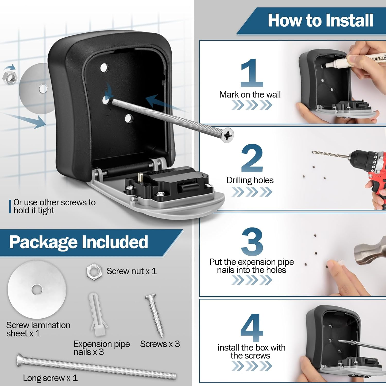 Key Lock Box 4-Digit Combination, for outside Wall Mounted Waterproof, Storage Lockbox Safe Outdoor with Resettable Code image number 2