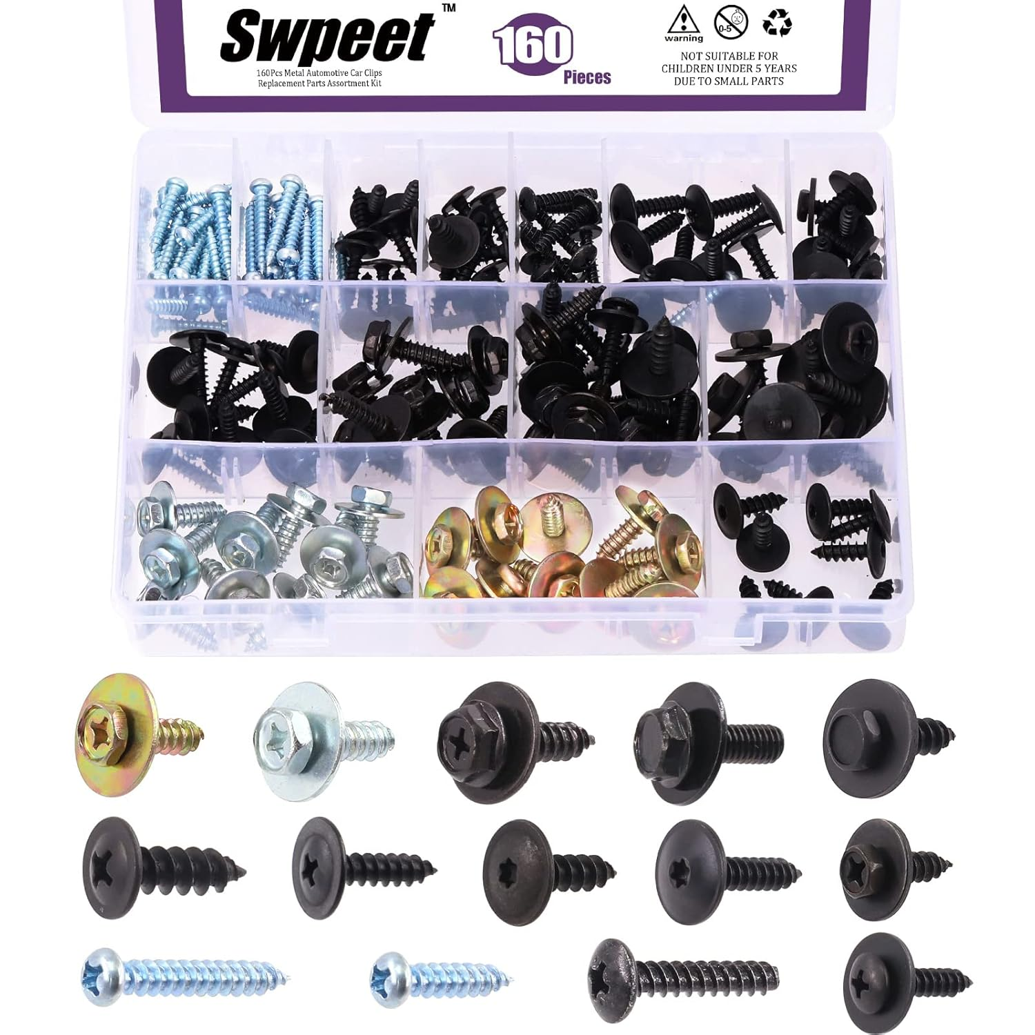 Swpeet Metal Car Screw Body Bumper Hood Retainer Clips with Phillips round Head Self Tapping Screw Assortment Kit, Body Bolts Fender Liner Splash Shield Bumper Cover for Most Cars image number 4