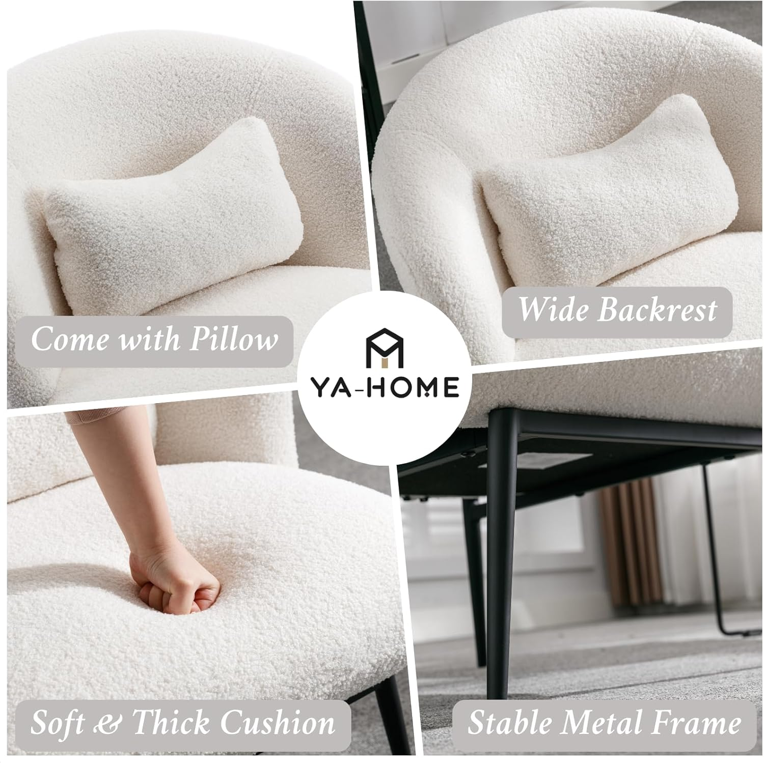 Modern Accent Chair, Upholstered Sherpa Fabric Side Chair Guest Chair with Small Pillow Black Metal Legs, Comfy Lounge Chair for Living Room Bedroom, White image number 4