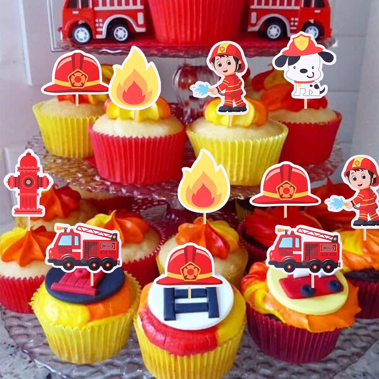 30 Pack Fire Truck Cupcake Toppers Fireman Cupcake Picks Fire Department Engine Rescue Theme Baby Shower Birthday Party Cake Decorations Supplies