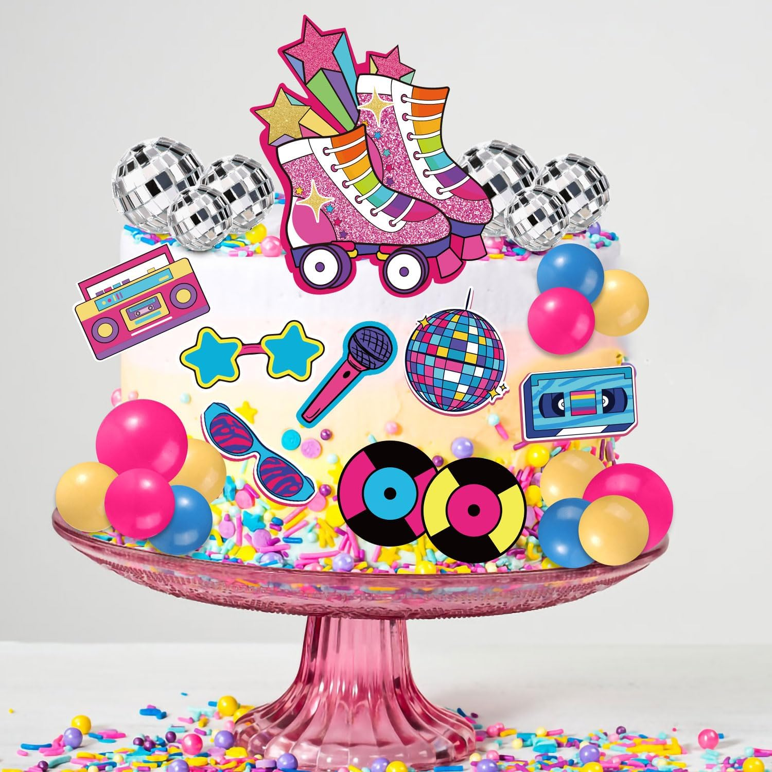 31Pcs Roller Skate Cake Toppers, Disco Ball Cake Topper Retro 80S 90S Cake Toppers Hip Hop Theme Cake Decorations Rolling Skate Party Decorations