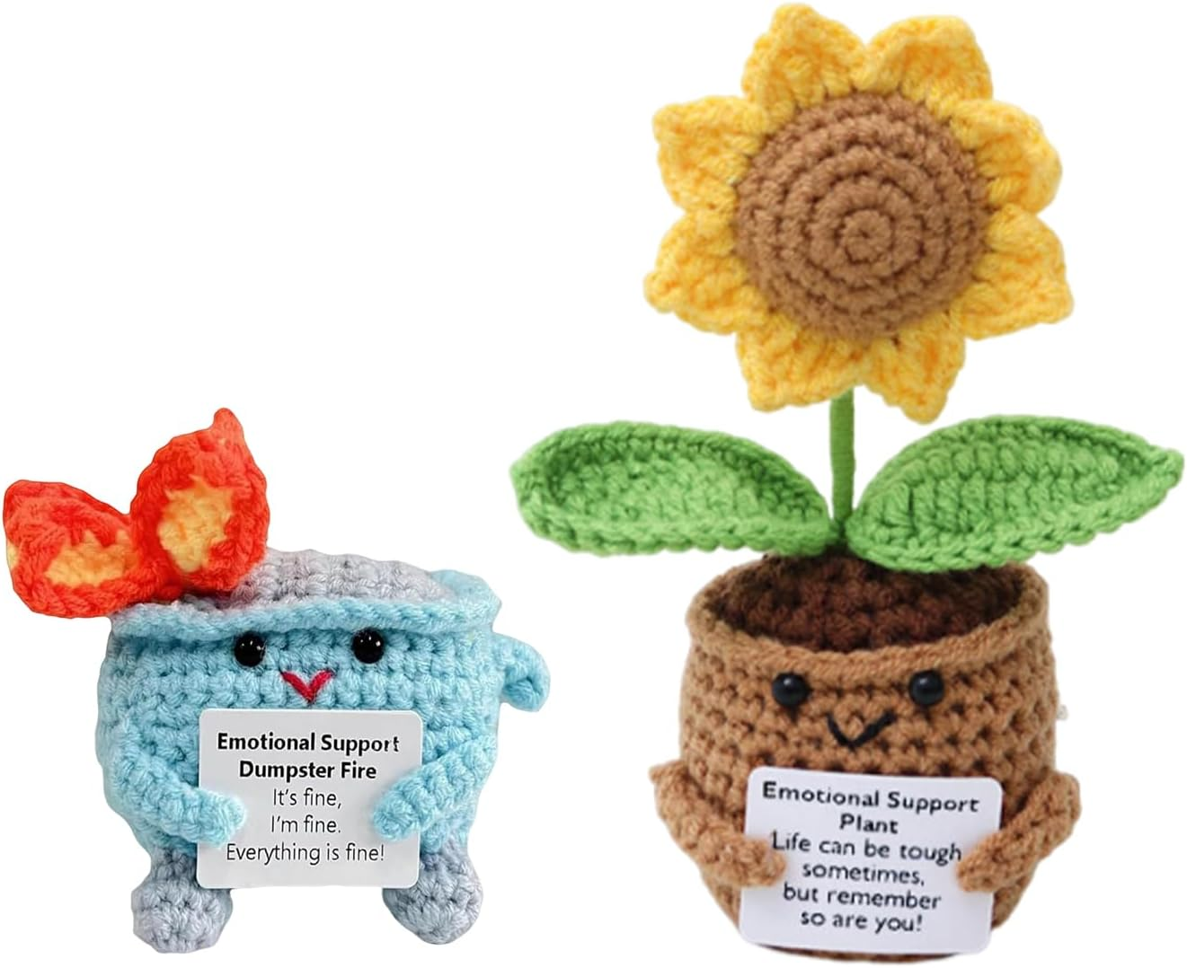 2PCS Emotional Support Dumpster Crochet Dumpster Fire Crochet Sunflower Handmade Knitting Ornaments with Positive Card for Christmas Desk Decor