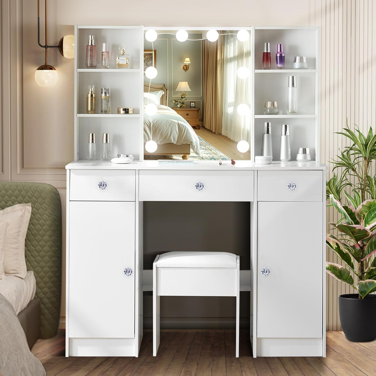 Vanity Table with Mirror and Lights, Vanity Table with 3 Drawers and 2 Doors, Makeup Table with Shelves and Stool, Large Vanity Set for Girls and Women, White image number 6