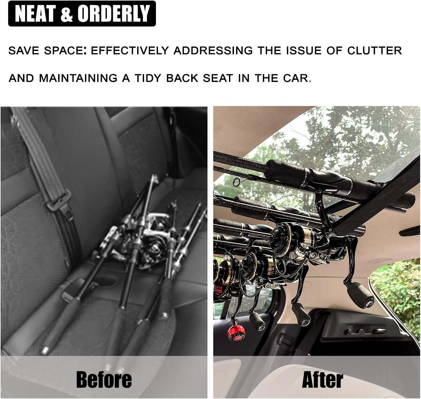 PSKOOK Vehicle Fishing Rod Holder, Car Fishing Pole Roof Rack Inside, 7 Rod Capacity, Heavy-Duty Nylon, No-Tool Installation, Black - Army Green-7 Rods image number 5