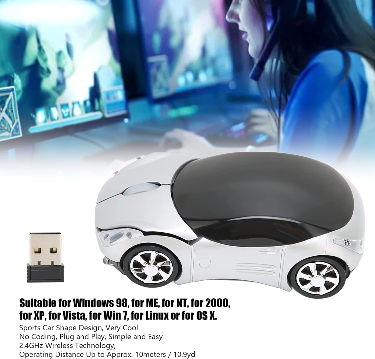2.4Ghz Wireless Car Mouse, 3D Sports Car Computer Mouse with LED Headlights, Ergonomic Optical Mice for PC, Computer, Laptop, Tablet