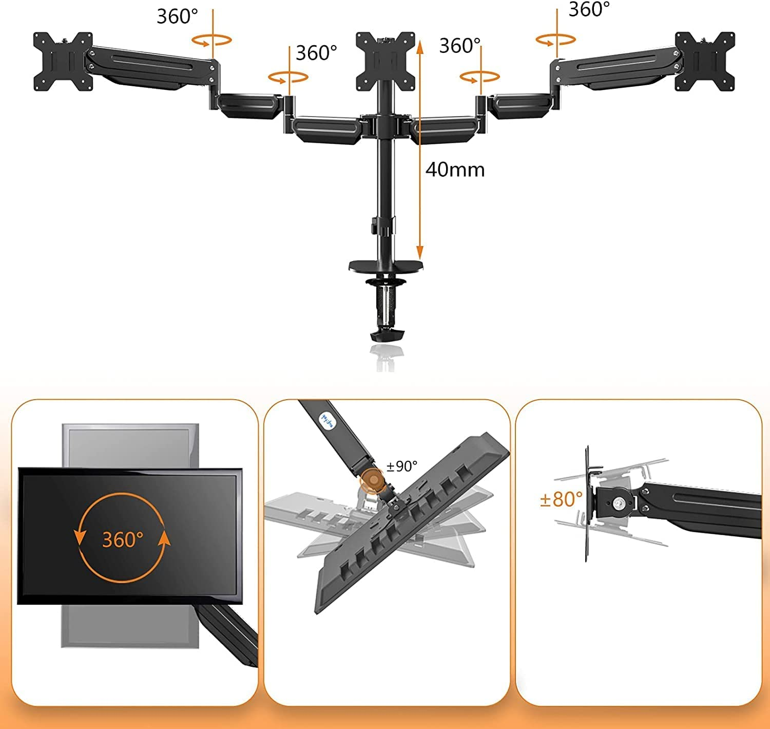 Triple Monitor Stand Mount-Gas Spring Stand with Clamp and Grommet Base, Fully Adjustable Desk Mount Fits Three 17-27 Inch LCD Computer Screens, Each Arm Holds up to 13.2Lbs,(Md8003) image number 3