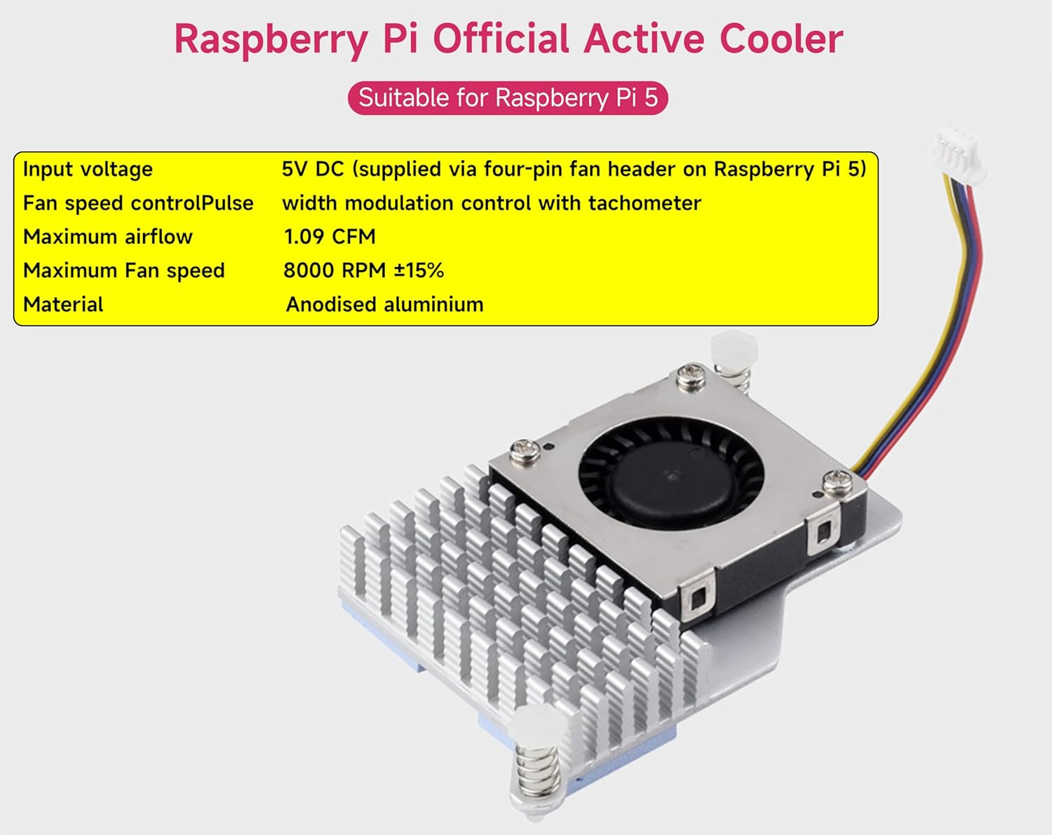 Official Active Cooler for Raspberry Pi 5, Combines an Aluminium Heatsink with a Temperature-Controlled Blower Fan to Accelerate Heat Dissipation image number 4