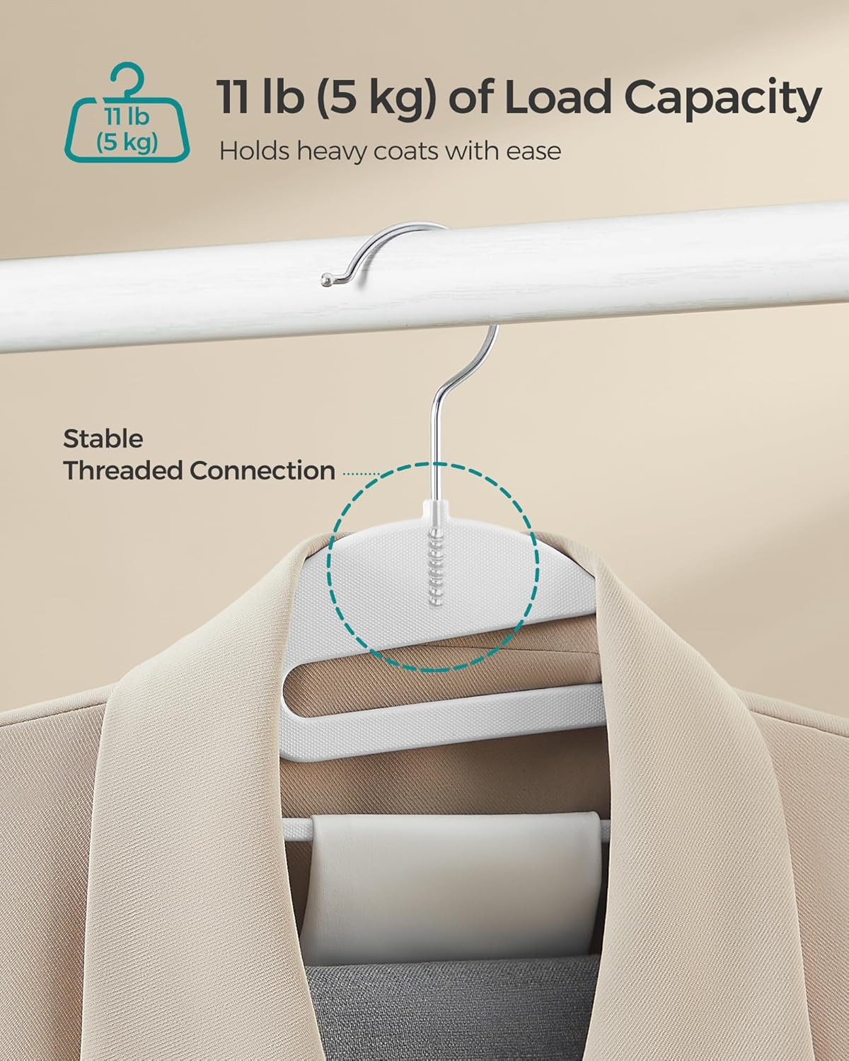 SONGMICS 50 Pack Coat Hangers, Heavy-Duty Plastic Suit Hangers, S-Shaped Opening, Space-Saving, 360&ordm; Swivel Hook, 16.3 Inches Wide, Cloud White UCRP41W50 image number 5