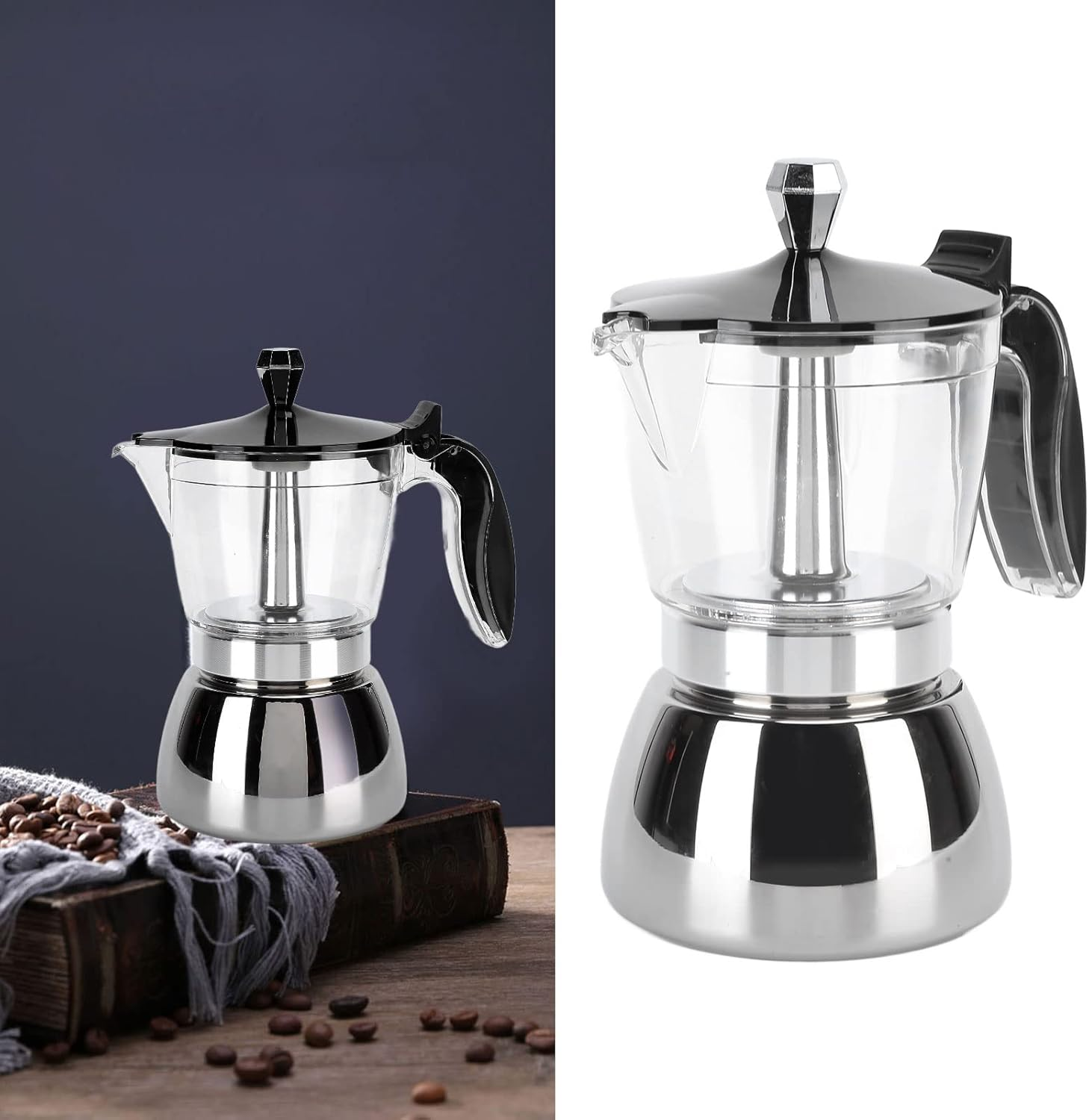 6 Cups Stainless Steel Coffee Pot,Moka Pot Premium Crystal Glass Top Stovetop Moka Pot,Italian Octagonal Household Moka Pot image number 6