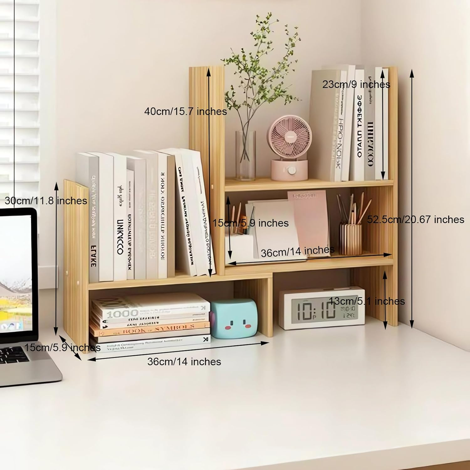 Desktop Bookshelf Organiser, Wood Bookcase, Office Desk Storage Shelf, Adjustable Width 36-72 Cm Bookshelves A292 (E Wood) image number 1