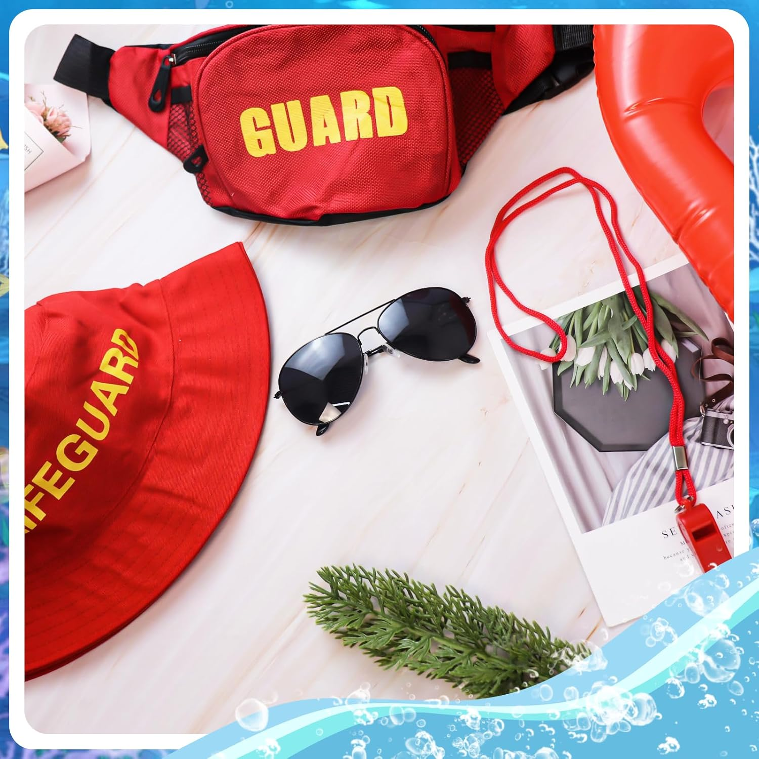 5Pcs Life Guard Accessories Kit Include Inflatable Float Prop Bucket Hat Adjustable Fanny Pack Whistle Sunglasses Lifeguard Fancy Dress Costume for Adults Women Men Halloween Cosplay Party image number 5