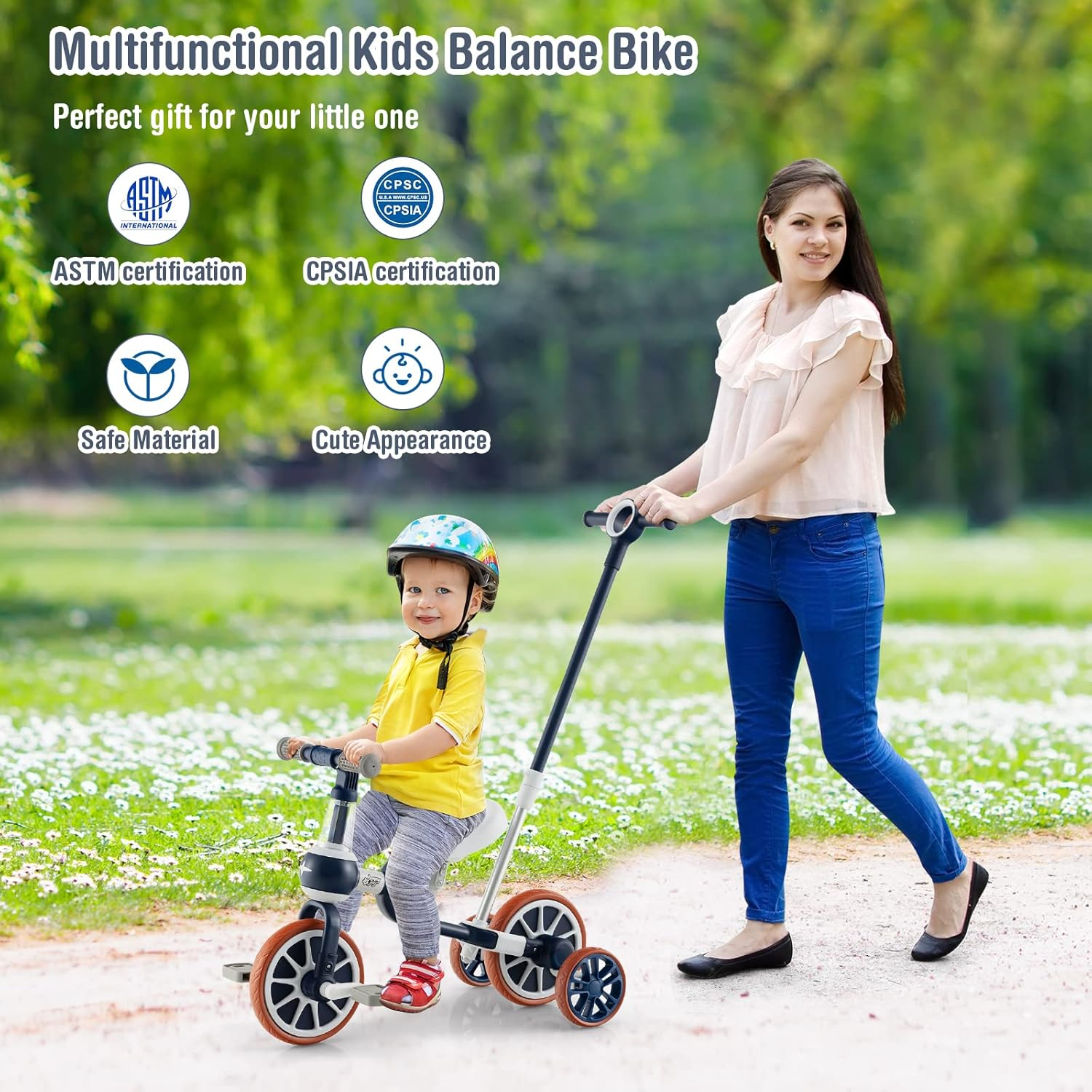 HONEY JOY 4-In-1 Baby Tricycle, Kids Training Balance Bike W/Adjustable Parent Handle, 2-Level Seat Height & Reversible Handlebar, Push Trike for Toddlers 3-4 Years Old (Dark Blue) image number 1