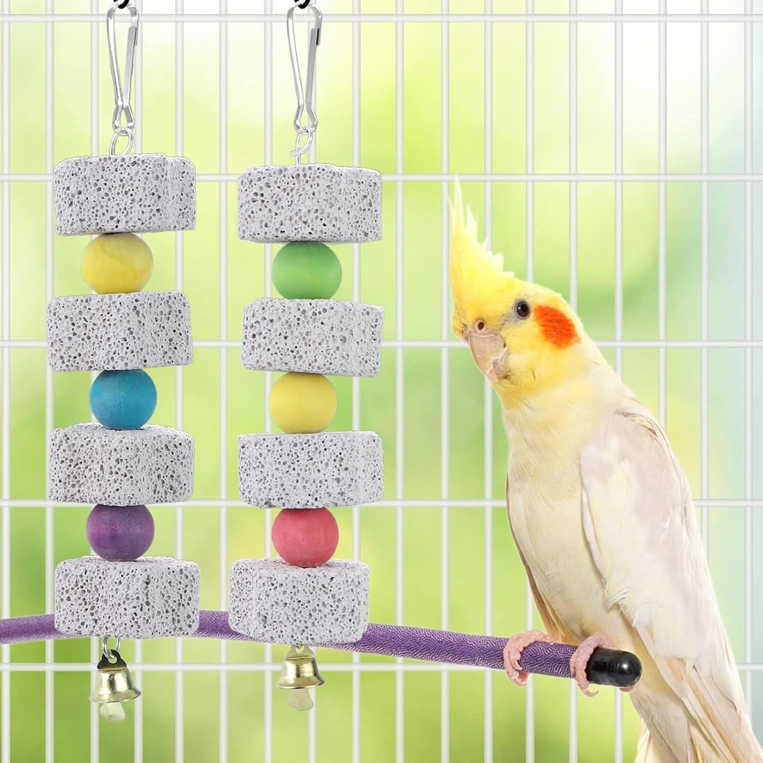 Parrot Beak Trim Calcium Stone Cage Toy,2Pcs Bird Beak Grinding Stone with Bell,Parrot Beak Grinding Calcium Stone with Bell