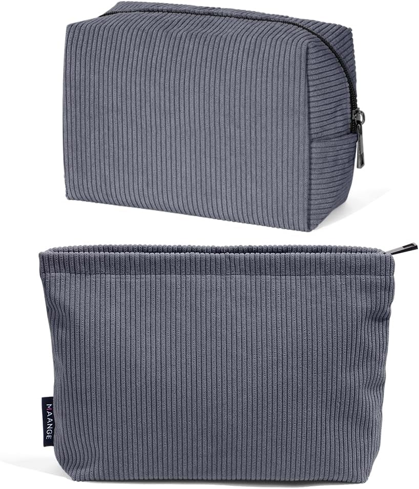 MAANGE 2 Pcs Cosmetic Bag, Travel Makeup Bag Makeup Pouch Corduroy Portable Versatile Zipper Pouch for Women (Grey image number 1