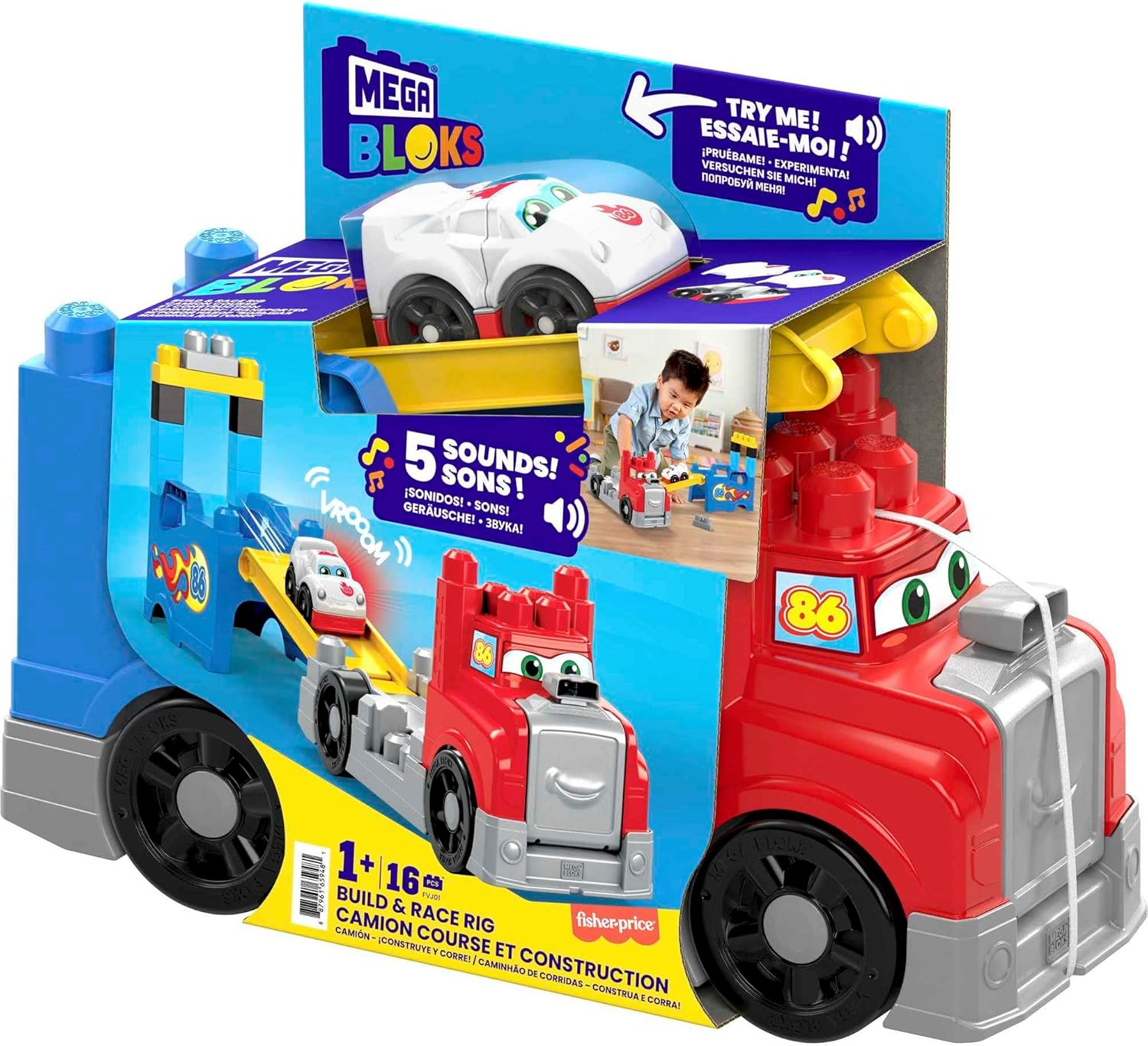 MEGA BLOKS First Builders Toddler Blocks Toy Set, Build & Race Rig with 16 Pieces, Sounds and Storage, Red, Ages 1+ Years image number 3