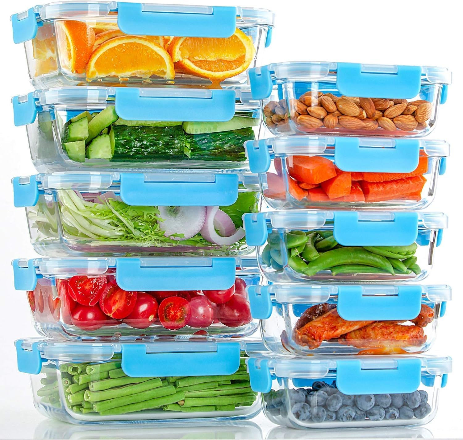 MINYII 10 Pack Glass Food Storage Containers with Lids, Meal Prep Pantry Kitchen Storage Containers for Lunch, Leak Proof, Airtight Glass Lunch Bento Boxes for Microwave, Oven, Freezer (10-Blue-01)