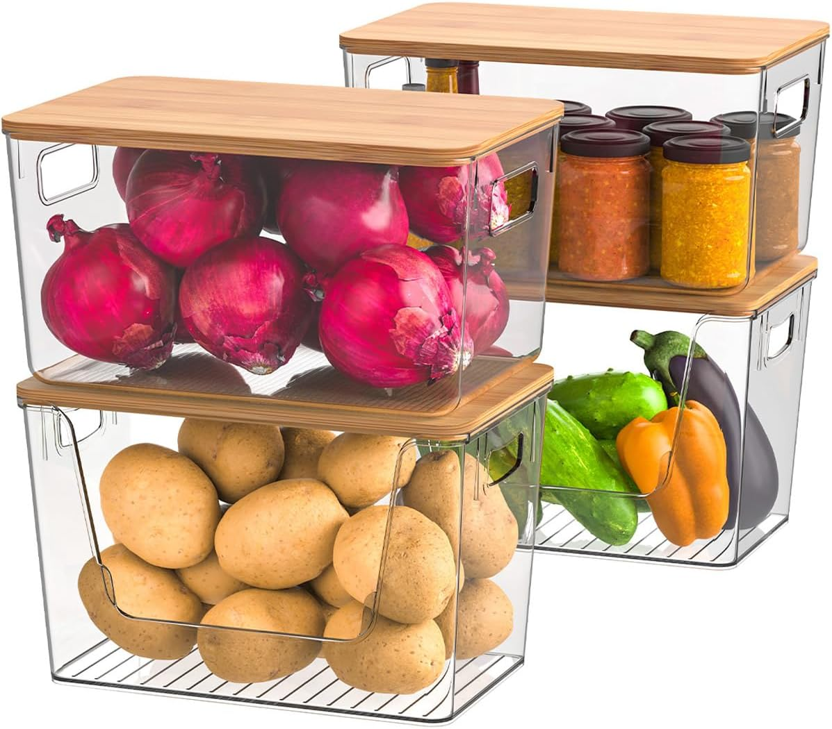 Pack of 4 Potato and Onion Storage, Stackable Pantry Organizers and Storage, Clear Fruit and Vegetable Storage with Bamboo Lid, for Produce Such as Potatoes, Onions, Fruit and Vegetable Storage image number 3